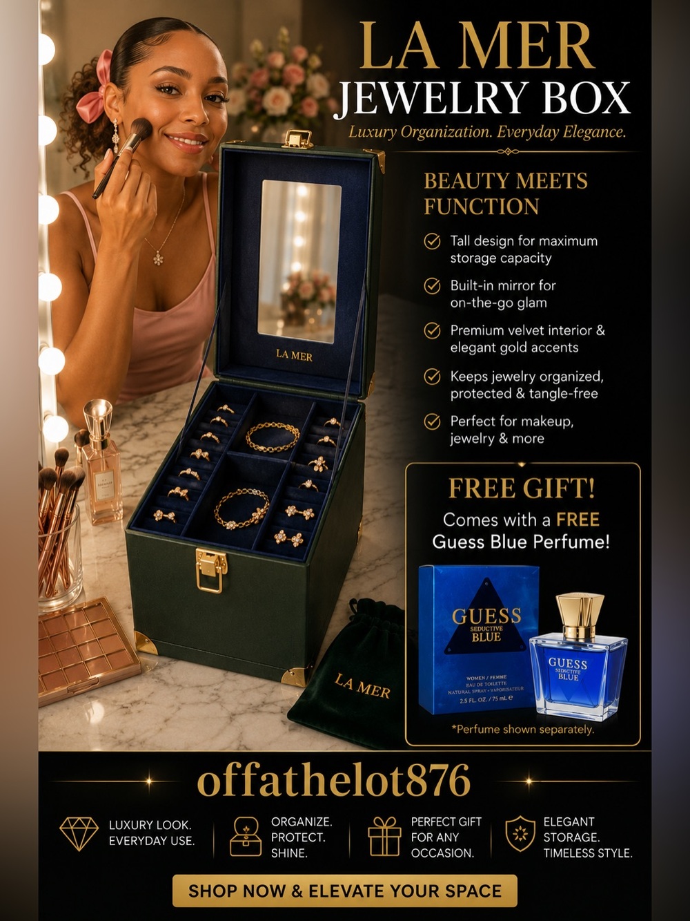 LA MER Velvet Jewelry Box for women Accessories - Green and Gold